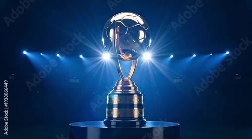 Shiny golden soccer trophy illuminated by stadium lights, symbolizing victory and achievement.