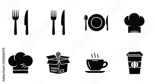Black vector icons of restaurant and food service items, including cutlery, plate,  Isolated on transparent background, png
