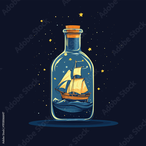 A small ship inside a glass bottle, with a ship concept of adventure and exploration. , vector style simple color
