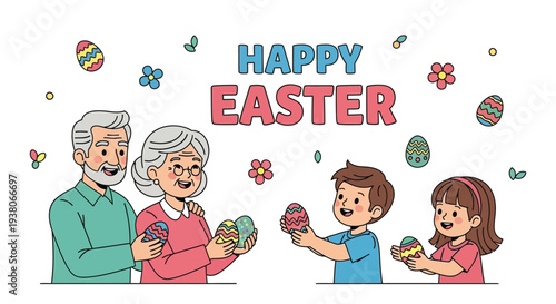 Happy easter celebration vector illustration featuring grandparents and children exchanging colorful decorated eggs