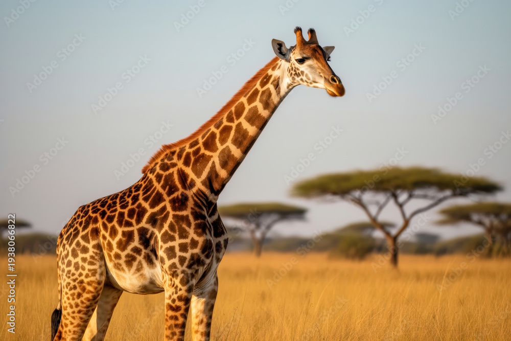 Obraz premium Majestic Kordofan Giraffe standing tall in the expansive African savanna during golden hour, embodying serenity, wilderness, and the timeless beauty of nature's giants