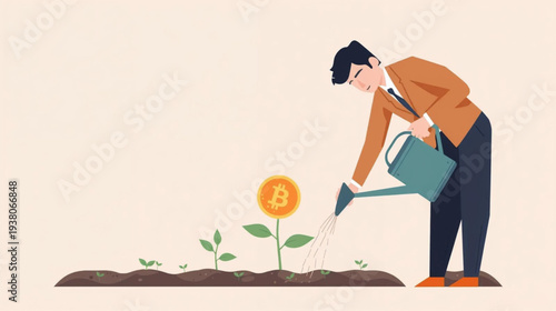 Watering bitcoin plant sprout vector illustration