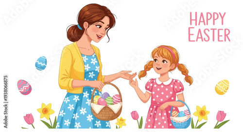 Mother offering colorful painted eggs from a woven basket to a happy young girl celebrating easter