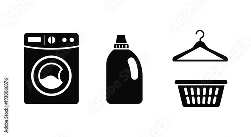 Laundry icons set, washing machine, detergent bottle, clothes hanger and basket, vector illustration for website or app UI, isolated on transparent background, png