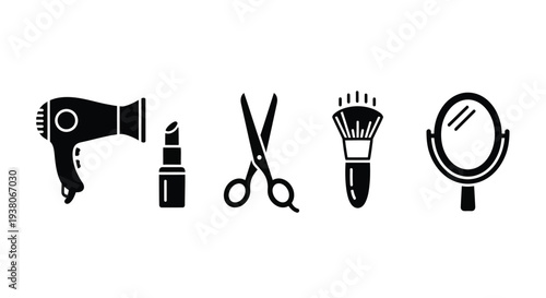 Black vector icons of hair salon tools, including hair dryer, lipstick, scissors, makeup brush, and handheld mirror, Isolated on transparent background, png