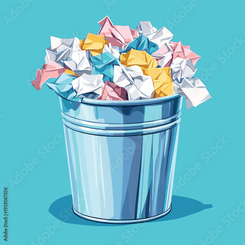 Classic metal trash can is filled to the brim with crumpled pieces of paper representing waste management or discarded creative ideas. , vector style simple color
