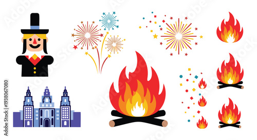 Bonfire night and Guy Fawkes day vector icons set with fireworks and city palace