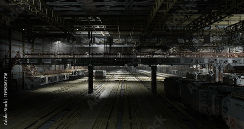 Tableau sur toile Dimly lit rail service bay under heavy girders night technician routine with tor