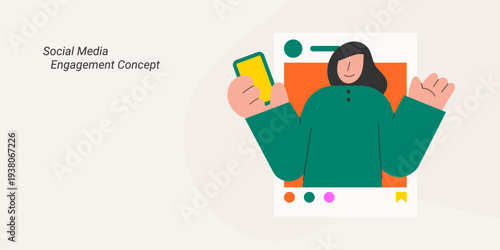 Social media engagement concept with woman taking selfie with smartphone. Flat design vector illustration for social media, content creation and online engagement concepts.