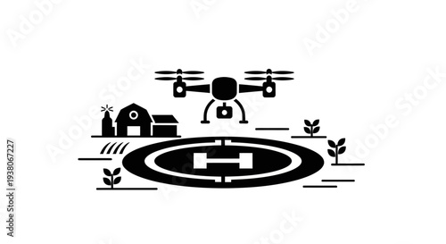 Drone with camera flying over farm.