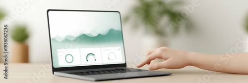 Woman hand working on laptop computer touchpad, displaying financial charts and data analysis on screen. Modern office or home office setting