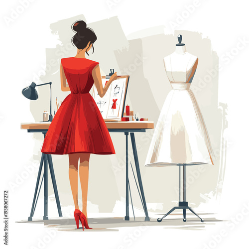 Fashion designer sketching new clothing designs at desk next to mannequin wearing red and white dress in creative studio. , vector style simple color