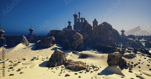 Shrouded ancient buildings evoke mysterious peacefulness in fog, Veiled remnants of old fortress stand silently amid gentle fog for explorers