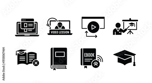 Black vector icons of online education symbols, including video lesson, ebook, and graduation cap, for website or presentation use, Isolated on transparent background, png