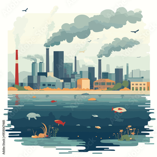 Industrial pollution landscape showing factory emissions nuclear waste and trash accumulation threatening global ecosystem health. , vector style simple color