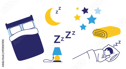 Sleep time concept icons set with bed moon stars and person sleeping under cover