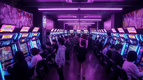 Arcade scene features many people playing video games in a room with neon lighting