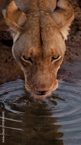 Lioness drinking water from serene natural pond