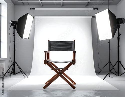 Studio setup featuring a director's chair against a white backdrop with two studio lights