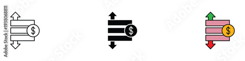 Cash flow and financial movement icon set. Money profit and loss analysis symbol. Vector Illustration.