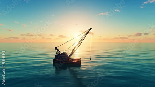 Crane on a barge in the middle of the ocean with setting sun on the horizon