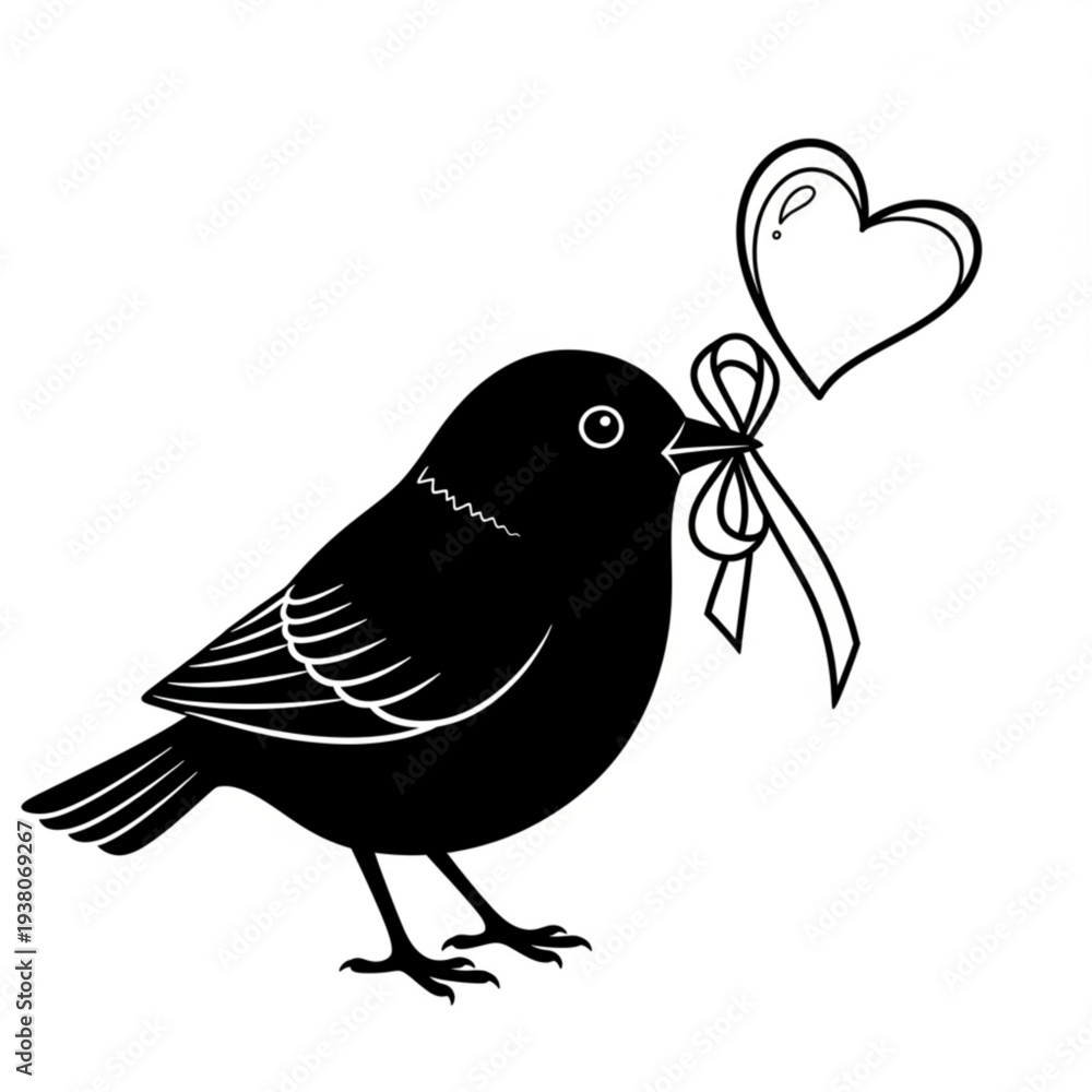 Obraz premium A minimalist black bird holding a heart with a ribbon in its beak on a white background