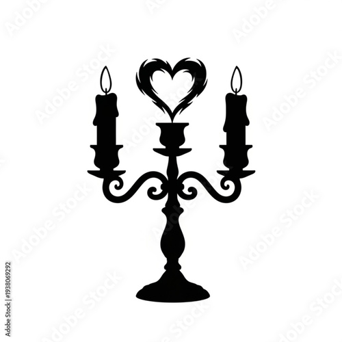 A black silhouette of a candelabra with two candles and a heart shaped flame on a white background