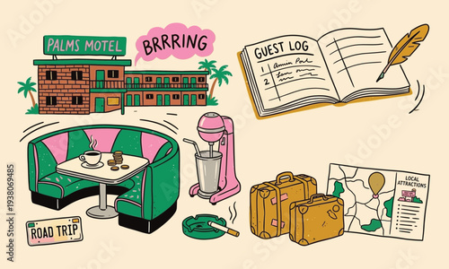 Nostalgic road trip adventure set featuring a motel diner and essential travel accessories
