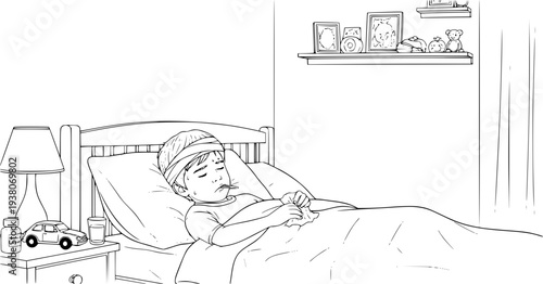 Sick little boy lying in bed with fever. Coloring page vector illustration.Child with thermometer and cold compress resting in bedroom. Black and white line art.
