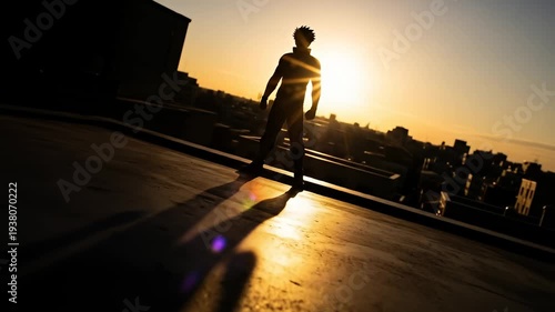 Silhouette of a standing figure overlooking a silhouetted city at sunset