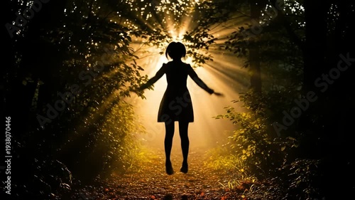 Silhouette of a person levitating on a sunlit forest path surrounded by dark foliage