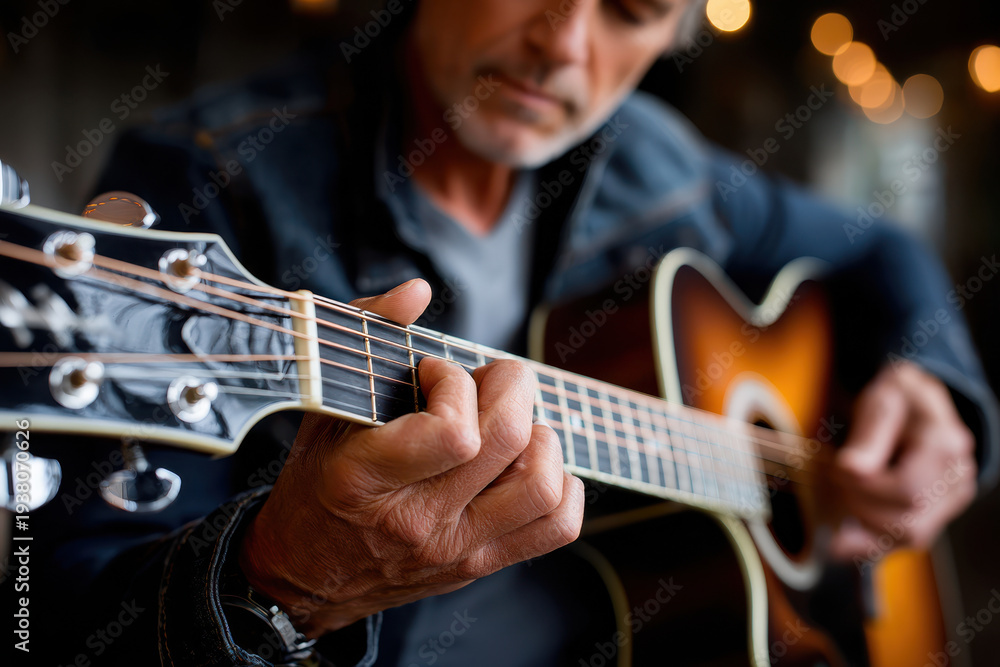 Obraz premium Close Up Senior Man Playing Acoustic Guitar