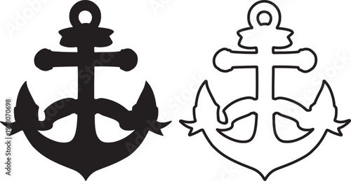 Nautical anchor with rope silhouette vector set