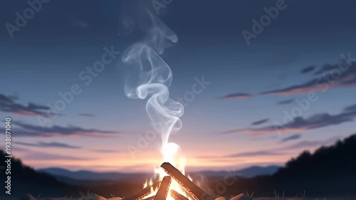 A campfire burns under a twilight sky with smoke rising in whisps into the air