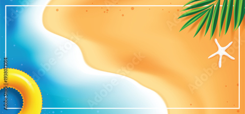Summer background template with blurred sand and blue sea water. Tropical palm leaf, starfish, and yellow floatie in a white frame template. Vector illustration.