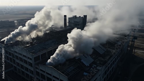 Aerial view of a dilapidated factory building with smoke billowing from the roof