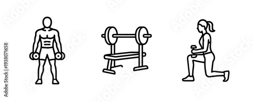 Fitness Icons Set Man Lifting Dumbbells Bench Press Woman Lunging with Dumbbell Gym Equipment Vector