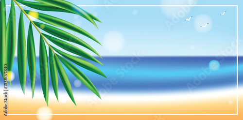 Summer background template design with a blurred ocean and sandy beach. Tropical palm leaves and seagulls surround a white frame template with soft bokeh lights. Vector illustration.
