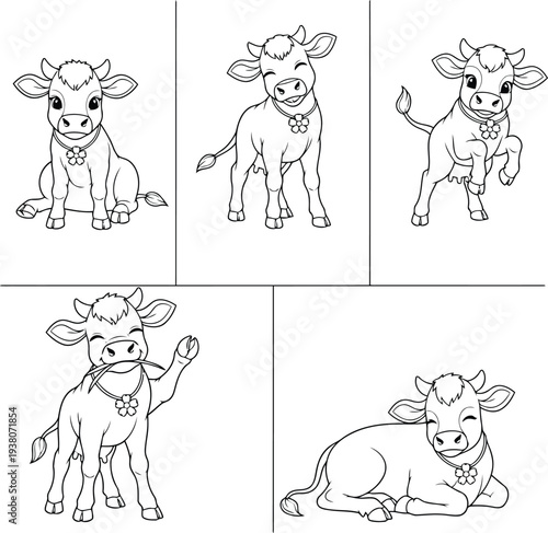 Five cartoon cows in different poses and expressions Black outline coloring book