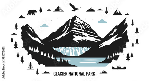 Glacier National Park Mountain Landscape Illustration.