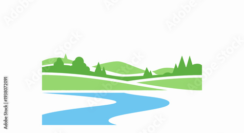Winding River Landscape With Green Hills.