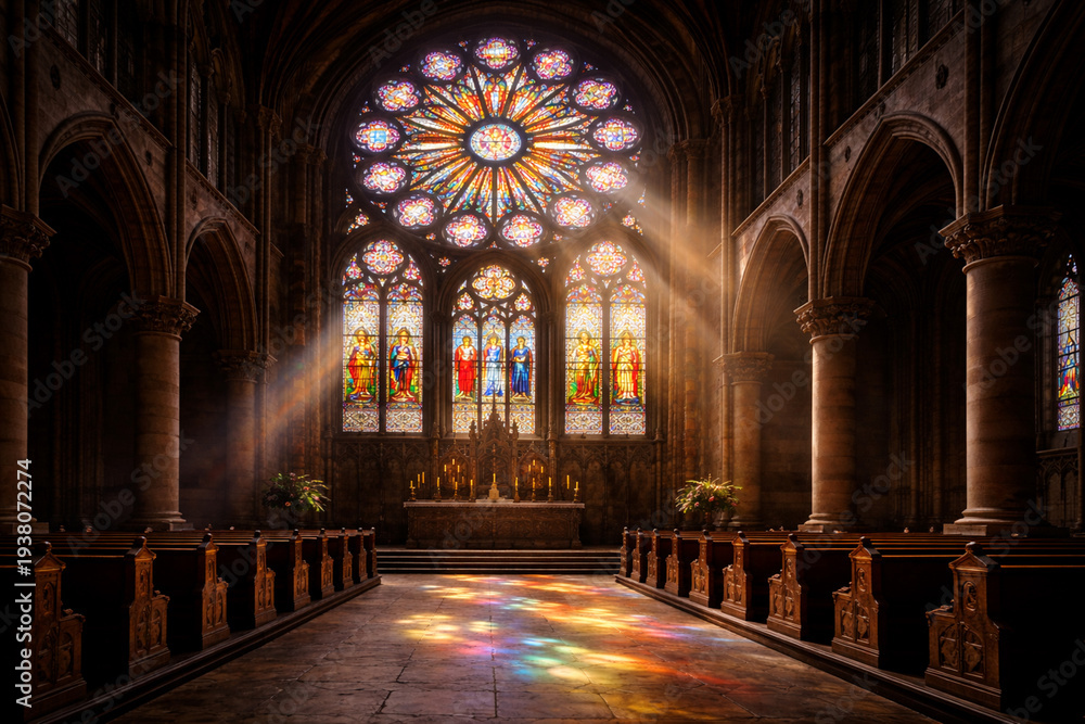 Obraz premium Stained glass window depicting biblical scenes in a traditional church. Religion, temple, old church.