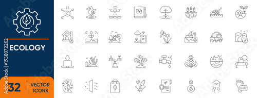Ecology Icon Set. Containing Sustainability, Environment, Green, Technology, recycling, biodiversity and more. Editable vector Line icons collection.