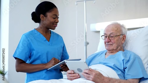 Nurse Consulting with Elderly Patient Hospital.