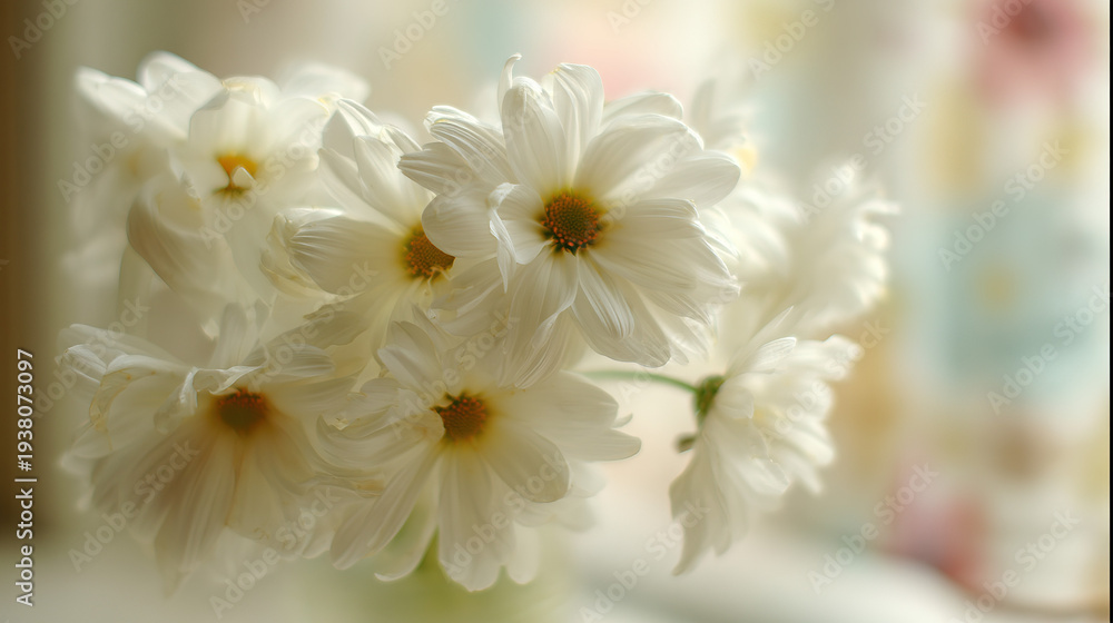 Obraz premium A delicate bouquet of daisies bathed in soft light, symbolizing purity and simplicity. 
