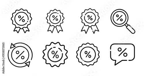 Discount reward and percentage offer outline icon set featuring guarantee medal, promotion badge, price reduction tag, bonus sticker, sale label more vector illustration or editable stroke.