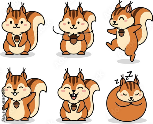 Six cartoon squirrels in various poses holding acorns and sleeping Black outline coloring book