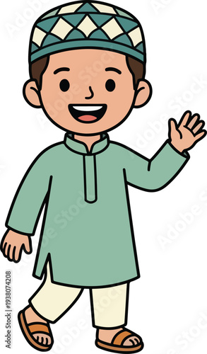 Happy Muslim boy in traditional green kurta and topi waving hello - Cute flat vector illustration for kids