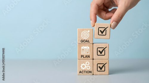 Wallpaper Mural Hand stacking wooden blocks with goal, plan, action checklist and checkmarks Torontodigital.ca