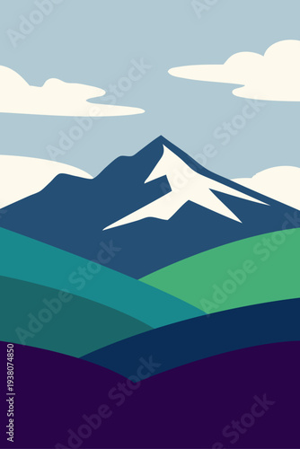 Dibujo sencillo de un paisaje con montaña con nieve, prados de hierba y un fondo de cielo con nubes